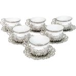 Yaren Style Türk Kahvesi Sunum Seti – Metal Lale Motifli 6'lı Kahve Fincan Takımı - Gümüş - 70 ml