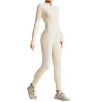 Yarım Balıkçı Yaka Beyaz Kadın Uzun Kollu Fermuarlı Tulum, Fitness ve Stil İçin Aktif Bodysuit, fildişi (Ivory), XXL