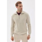 Yarım Fermuarlı Selanik Örgü Regular Fit Pamuklu Erkek Krem Triko Kazak - XL