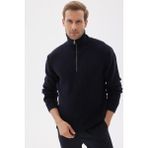 Yarım Fermuarlı Selanik Örgü Regular Fit Pamuklu Erkek Lacivert Triko Kazak - XL