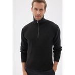 Yarım Fermuarlı Selanik Örgü Regular Fit Pamuklu Erkek Siyah Triko Kazak - 2XL