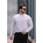Yarım Pat Dik Şeritli Flam Keten Erkek Gömlek - Bej