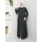 Yarım Pileli Bel Nakışlı Tam Boy Kadın Ferace - Füme - 40