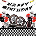 Yarış Arabası Doğum Günü Parti Yemek Takımı - Erkek Çocuk Yarış Arabası Balonlar Happy Birthday Afişleri, Çocuk Doğum Günü Parti Malzemesi Arabalı Kağıt Tabak Kupa Peçete Kağıt Pipet Masa Örtüsü 10