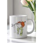 YasBey Design Çiçek Koklayan Kadın Figürlü 330ML Baskılı Beyaz Seramik Kupa Bardak - 001 - Beyaz - 330 ml
