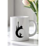 YasBey Design Islami Tasarım Hilal ve Silüet 330ML Baskılı Beyaz Seramik Kupa Bardak - 001 - Beyaz - 330 ml
