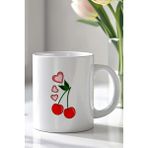 YasBey Design Kirazlı Kalpli Tasarım 330ML Baskılı Beyaz Seramik Kupa Bardak - 001 - Beyaz - 330 ml