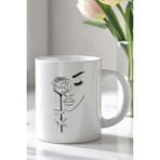YasBey Design Minimal Gül ve Kadın Yüzü Desenli 330ML Baskılı Beyaz Seramik Kupa Bardak - 001 - Beyaz - 330 ml