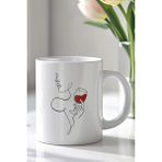 YasBey Design Minimal Şarap Figürlü Line Art 330ML Baskılı Beyaz Seramik Kupa Bardak - 001 - Beyaz - 330 ml