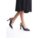 YASEMİN Kadın Lacivert Cilt Stiletto Arkası Açık Tokalı Sivri Burun 8 Cm Klasik Topuklu Ayakkabı - Rhaella
