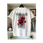 Yasolin Unisex Beyaz Vivre La Vie Baskılı Oversize Bisiklet Yaka Penye Tişört YASBS-Trend-Sokak-Modası-4