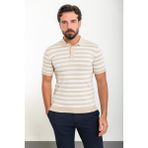 Yatay Çizgili Bej Slim Fit Polo Yaka Erkek Triko T-Shirt - Ekru - Bej