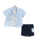 Yazlık Erkek Bebek Kombin – Gömlek + Şort + Atlet Body 3'lü Set - 9 Ay - 00Mavi