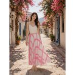 Yazlık Geometrik Desenl Kemer Detaylı Piliseli Etek - Beyaz - Pembe - 46