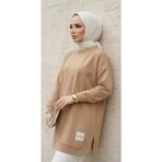 Yazlık Kadın Tesettür Bisiklet Yaka Terletmeyen Penye Kumaş Tunik - Bej - XL