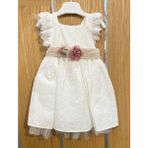 Yazlık Keten Kemerli Çiçek Aksesuarlı Bebe Kız Elbise - Ekru - 1 - 2 Yaş