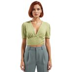 Yazlık Kısa Kol Crop Bluz Bürümcük Dokuma Polyester Örme Rahat Kullanım Günlük İçin_Yağ Yeşil-S