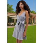 Yazlık Mini Pamuklu Keten Elbise V Yaka Askılı Bel Kuşağı Günlük Premium Kalite Modern Stil
