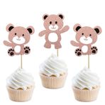 YCTHUNFISH 24 Paket Ayı Bebek Cupcake Süsleri Parıltılı Ayı Bebek Cupcake Penaları Bebek Duş Cupcake Süslemeleri Çocuklar Doğum Günü Pastası Süslemeleri Parti Malzemeleri Gül Altın