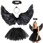 YeahBoom 3 adet siyah melek kostümü, kadın, 80 cm melek kanadı, yetişkin, haleli, 80 – 130 cm tül etek, bayan, melek kostümü, cadılar bayramı, karnaval, kostümlü oyun, parti, faşing, kostüm partisi