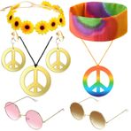 YeahBoom Hippie Kostüm Seti, 8 Adet Retro Giyim, Kadınlar ve Erkekler için, Barış İşaretli, Kolye ve Küpeler, Güneş Gözlüğü, Ayçiçeği ve Renkli Hippi Kafa Bandı, 60'lı 70'li Kostüm Aksesuarı, Altın küpeler, 8 STK
