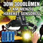 Yedek Pilli 30w Sensörlü Kafa Lambası - Dijital Şarj Göstergeli, 3000 Lümen, Type-c Şarjlı Su Geçirmez Siyah