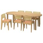 Yemek masası takımı, meşe kaplama-meşe rattan, 6 sandalyeli, sabit
