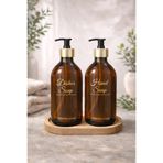 YEMORA Amber Cam Sabunluk Seti 2’li – Bambu Standlı Mutfak Deterjanlık ve Banyo El Sabunluğu 500 ml