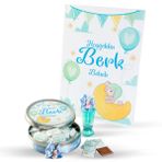 (Yeni) Etiketli Erkek Bebek Çikolatası (Metal Yuvarlak Kutu) 50 Adet Madlen Çikolata+Gül Suyu+Afiş