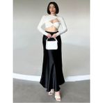 Yeni Moda Lüks Kalite Beli Lastikli Maxi Boy Uzun Saten Etek 100 cm - Siyah - XL