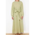 Yeni Regular Casual Günlük Crinkle Dokuma Bisiklet Yaka Uzun Kol Shift Maxi Boy Tesettür Elbise - Haki - 38