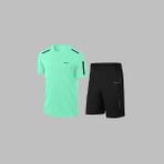 Yeni Seri Büyük Beden Erkek Su Yeşili Dri-Fit Kumaş Baskısız Yuvarlak Yaka Kısa Kol Tişört Şort Alt Üst Spor Takım 4XL-10XL