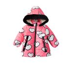 YENİ Sevimli Kalp Baskılı Kürklü Cepli Kapüşonlu Soft Kumaş Kışlık İçi Peluş Kız Bebek Mont Şişme Koyu Pembe 3 YAŞ