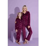 Yeni Sezon Ay Desenli Trend Model Düğmeli Kadife Anne/Kız Çocuk Pijama Takımı 2800-Vişne Çürüğü Ay