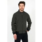 YENİ SEZON ERKEK YEŞİL MEVSİMLİK TRİKO VE DERİ BİYE DETAYLI FERMUARLI İÇ CEPLİ MONT&CEKET