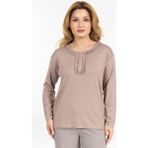 Yeni Sezon Kadın Orta Yaş ve Üzeri Uzun Kollu Yaka Desenli Likralı Anne Penye Bluz 6390 - 2XL - Vizon