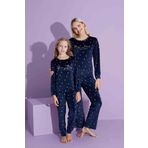 Yeni Sezon Kalp Desenli Trend Model Kadife Anne/Kız Çocuk Pijama Takımı 2776-Lacivert Kalpli