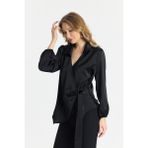Yeni Sezon Kruvaze Yandan Bağlamalı Saten Bluz Gömlek - Siyah - XL