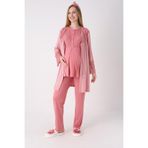 Yeni Sezon Modern,Rahat ve Şık Hamile - Fitilli Dokulu Kolları Geniş Güpürlü 3'lü Lohusa Pijama Takımı Nar Çiçeği L Beden