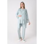 Yeni Sezon Modern,Rahat ve Şık Hamile - Fitilli Dokulu Kolları Geniş Güpürlü 3'lü Lohusa Pijama Takımı Su Yeşili M Beden