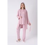 Yeni Sezon Modern,Rahat ve Şık Hamile - Lohusa Pijama Sabahlık 3'lü Takım Waffle Dokulu Dantel Göğüslü Düğmeli Emzirme Pamuk Viskon Set Pudra XL Beden