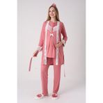 Yeni Sezon Modern,Rahat ve Şık Hamile - Lohusa Pijama Sabahlık Takımı Dantelli Fırfırlı Düğmeli Emzirme Pamuklu 3'lü Hamile Set Nar Çiçeği M Beden
