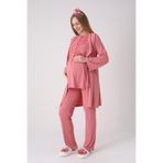 Yeni Sezon Modern,Rahat ve Şık Hamile - Lohusa Pijama Sabahlık Takımı Dokulu Kuşaklı Şal Yaka Güpürlü Düğmeli Emzirme 3'lü Hamile Set Nar Çiçeği 2XL Beden