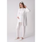 Yeni Sezon Modern,Rahat ve Şık Hamile - Lohusa Pijama Sabahlık Takımı Jakarlı Hırka Dantel İşlemeli Düğmeli Emzirme Pamuklu 3'lü Set Ekru M Beden
