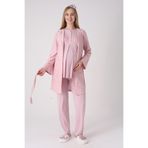 Yeni Sezon Modern,Rahat ve Şık Hamile - Lohusa Pijama Sabahlık Takımı Jakarlı Hırka Dantel İşlemeli Düğmeli Emzirme Pamuklu 3'lü Set Pudra M Beden