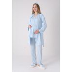 Yeni Sezon Modern,Rahat ve Şık Hamile - Lohusa Pijama Sabahlık Takımı Jakarlı Şal Yakalı Dantel Panelli Düğmeli Emzirme 3'lü Set Mavi XL Beden
