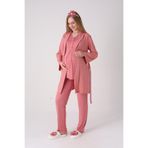 Yeni Sezon Modern,Rahat ve Şık Hamile - Lohusa Pijama Sabahlık Takımı Jakarlı Şal Yakalı Dantel Panelli Düğmeli Emzirme 3'lü Set Nar Çiçeği M Beden