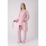 Yeni Sezon Modern,Rahat ve Şık Hamile - Lohusa Pijama Sabahlık Takımı Jakarlı Şal Yakalı Dantel Panelli Düğmeli Emzirme 3'lü Set Pudra 2XL Beden