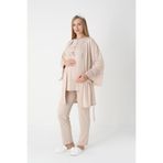 Yeni Sezon Modern,Rahat ve Şık Hamile - Lohusa Pijama Sabalık Takımı Dantel Kollu Güpürlü Düğmeli Emzirme Pamuklu 3'lü Hamile Set Bej 2XL Beden