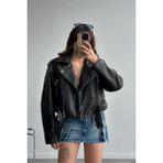 Yeni Sezon Oversize Kadın Siyah Biker Deri Ceket - M
